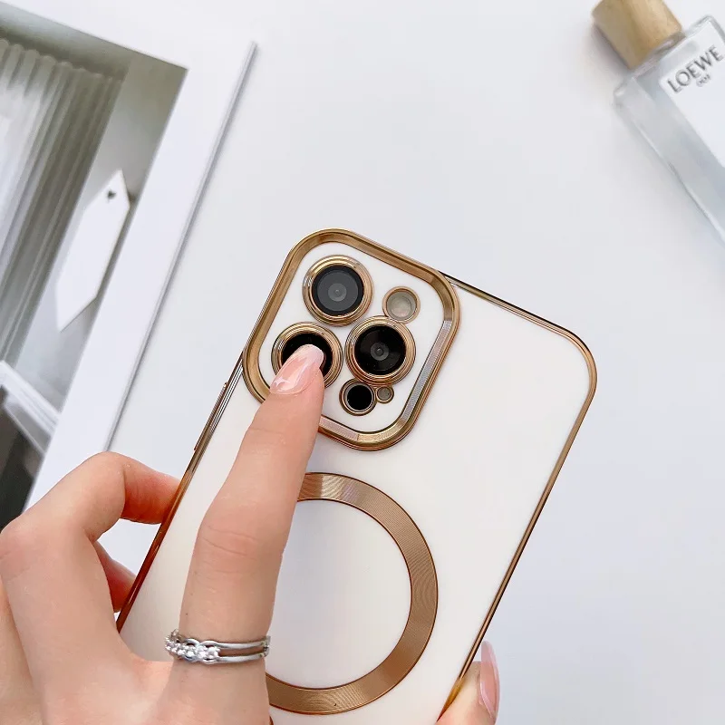Plating Frame Phone Case iPhone 13 12 11 Pro Max 14 Plus For Magsafe Magnetic Wireless Charging Lens Protective_voghion.com