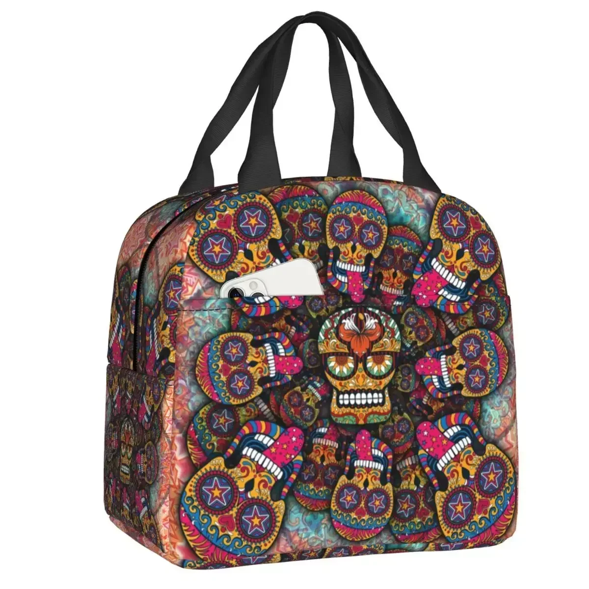 

2024 New Crazy Sugar Skulls Insulated Lunch Tote Bag For Women Mexican Day Of The Dead Portable Cooler Thermal Food Lunch Box
