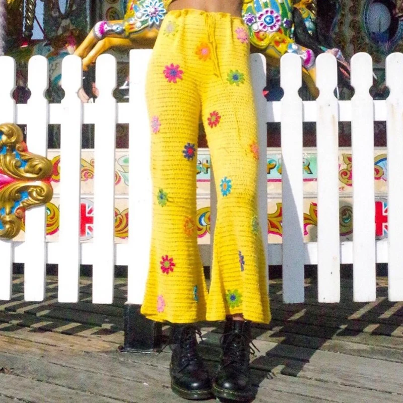 Flower Crochet Net Hollow Out Women Wide Leg Pants Summer Long Pants Boho Beach Casual Travel Fashion Comfy Drawstring Trousers
