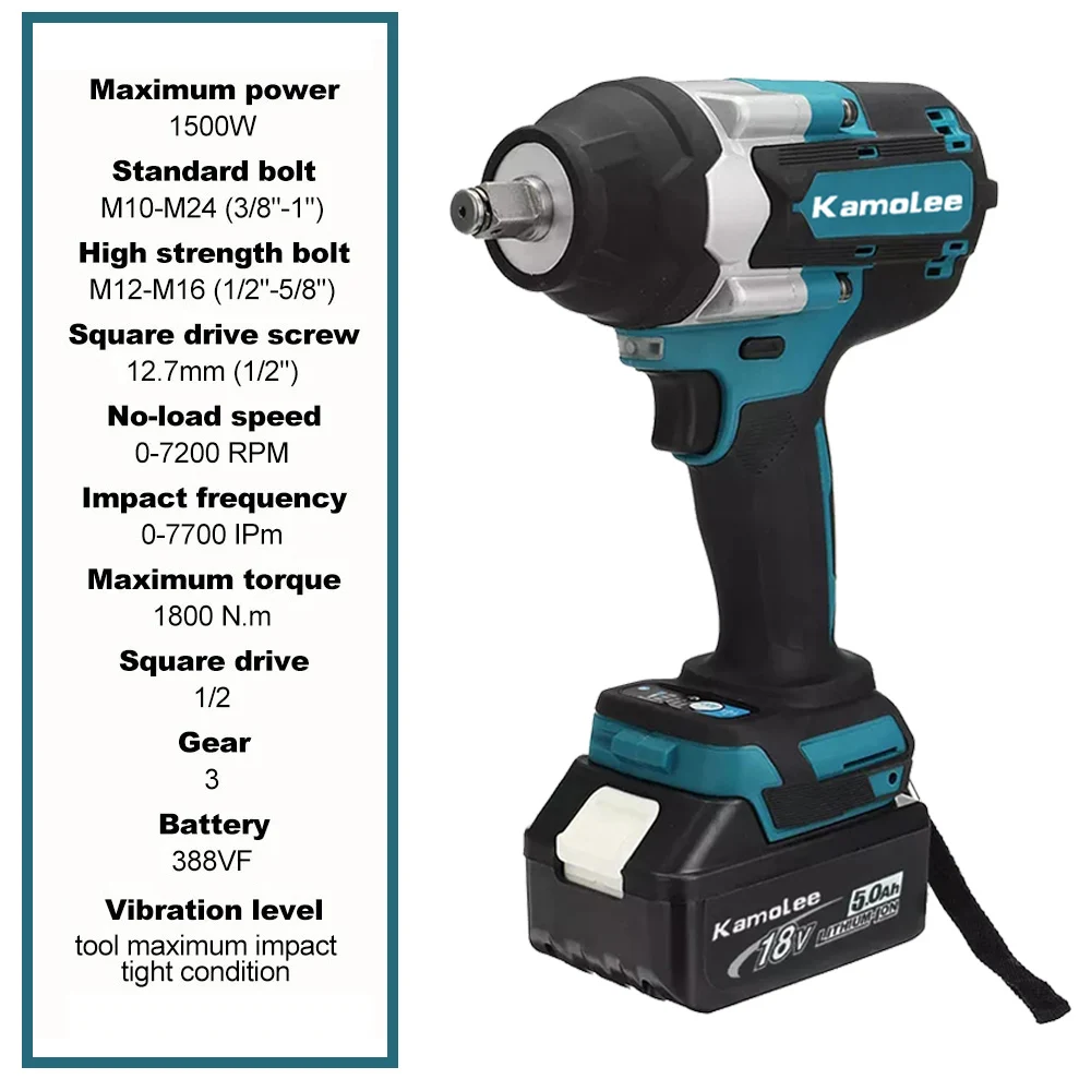 [1800N.m]Kamolee 1800N.m DTW700 고토크 브러시리스 전기 임팩트 렌치 Makita 18v 배터리용 충전식 렌치 무선