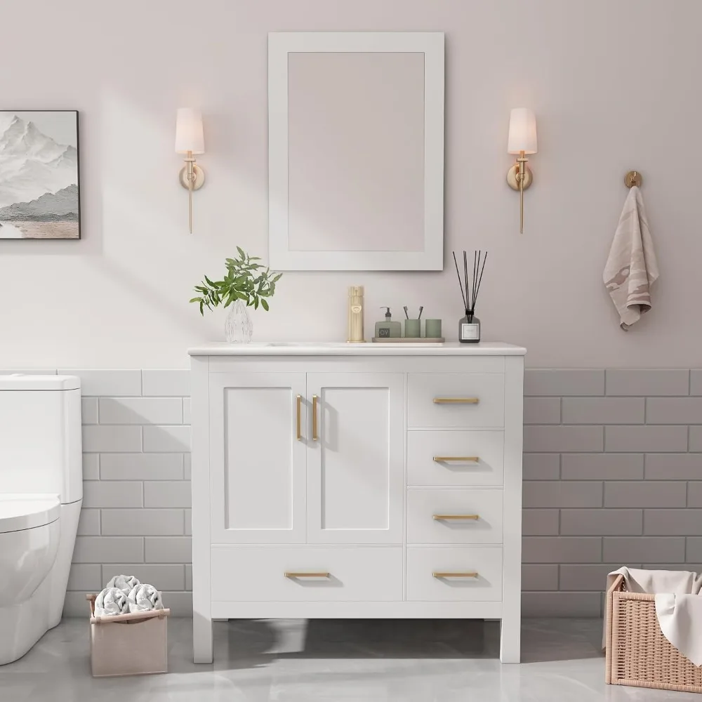 36" Bathroom Vanity with Sink with Faucet, Single Sink Bathroom Vanity 5 Drawers, Mirror, Pedestal,Ceramic Countertop
