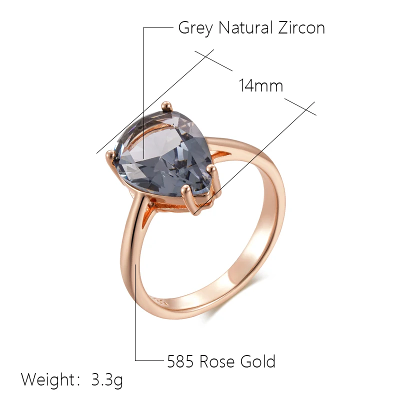 Kinel Eenvoudige Waterdruppel Grijze Kristallen Vrouwen Ring 585 Rose Gouden Kleur Natuurlijke Zirkoon Accessoires Hoge Kwaliteit Dagelijkse Fijne Sieraden