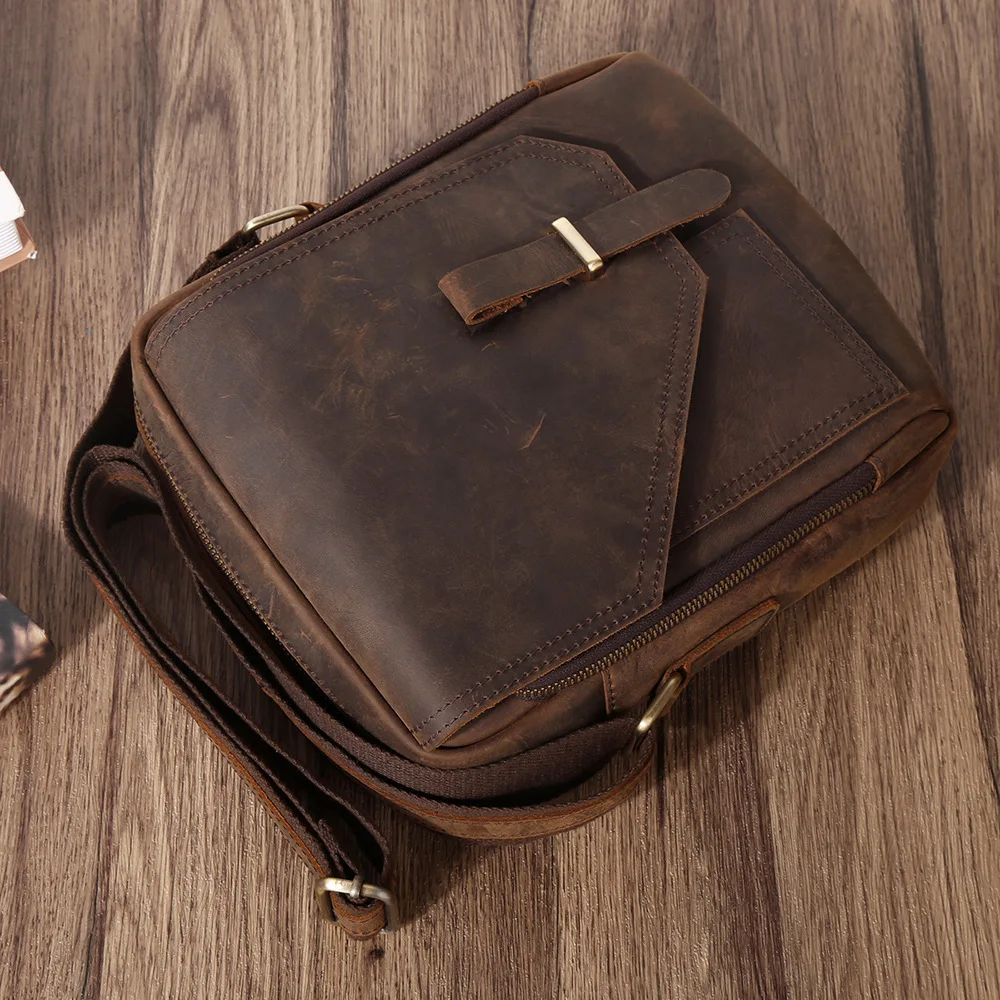 Crazy Horse Skin Retro Men's Postman Bag Men's Bag Cowhide Vertical Shoulder Bags Genuine Leather High Quality Crossbody Bag