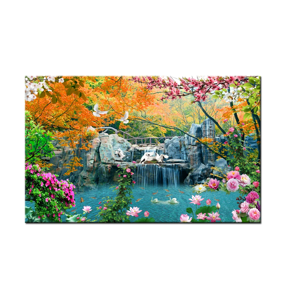 

Wall Art Canvas Print Painting Forest Waterfall Landscape Nature Flowers HD Picture Living Room Home Decor HYS2017