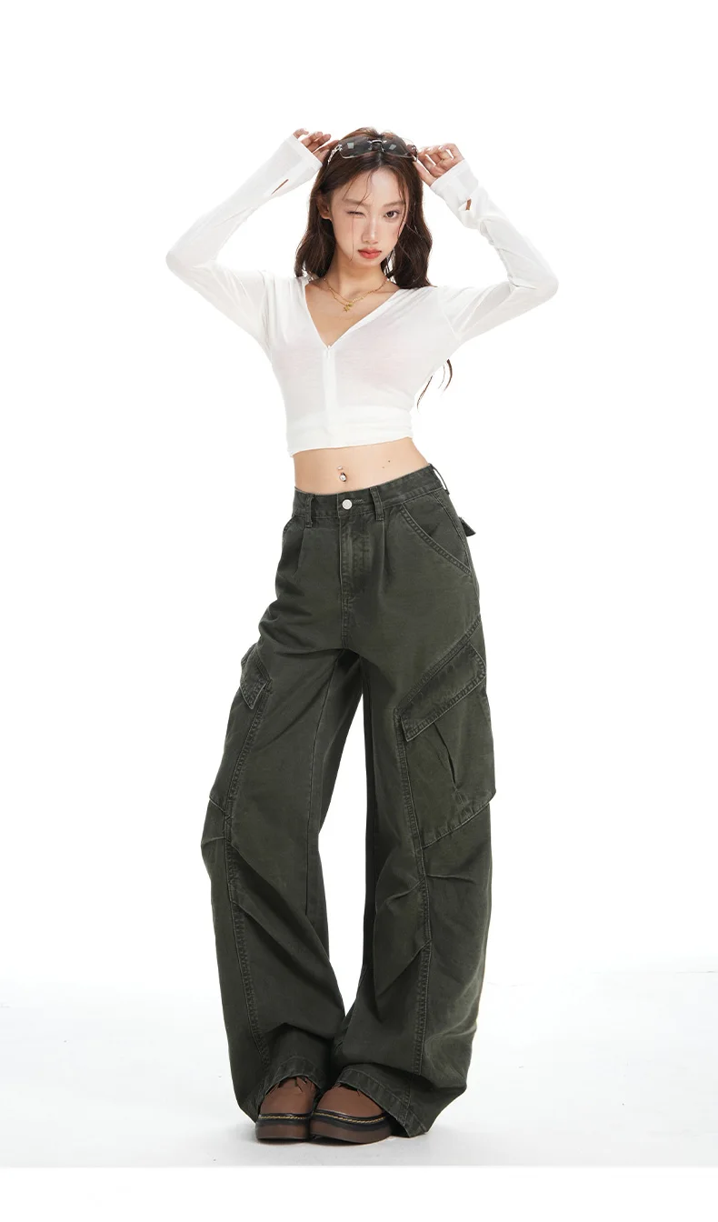 Retro Casual High Waisted Baggy Cargo Jeans Women Washed Distressed Wide Leg Pants Brown Denim Y2K Streetwear Vintage Trousers