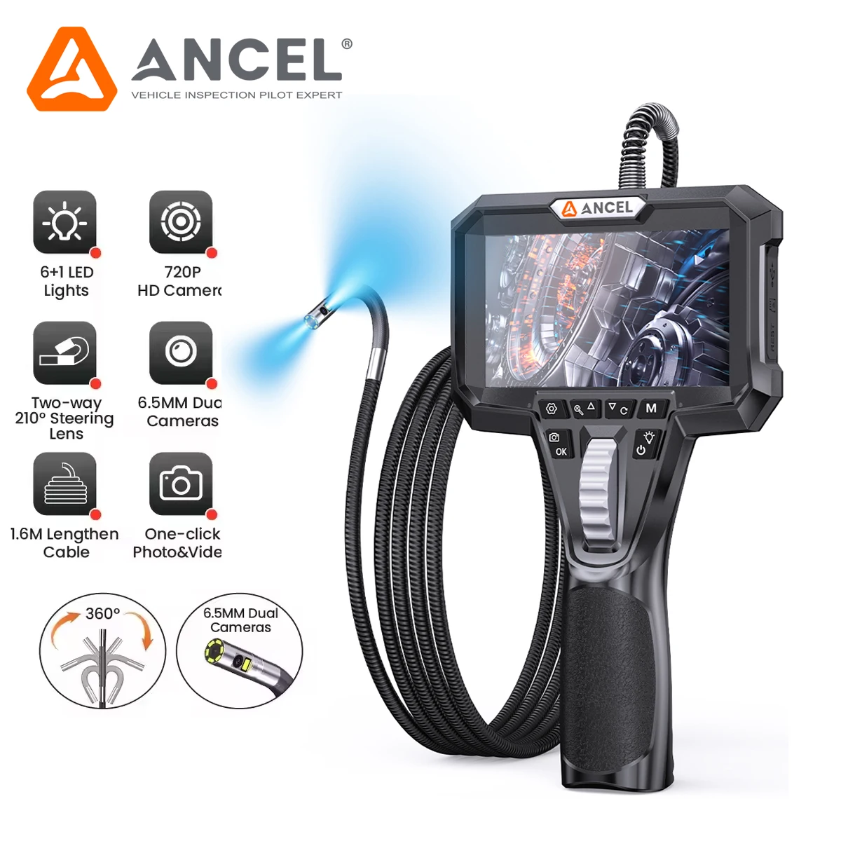 ANCEL AN302 파이프 하수구 내시경 듀얼 카메라 6.5mm 렌즈 7 LED 라이트 양방향 조절 HD IPS 보어스코프 자동차 검사 도구
