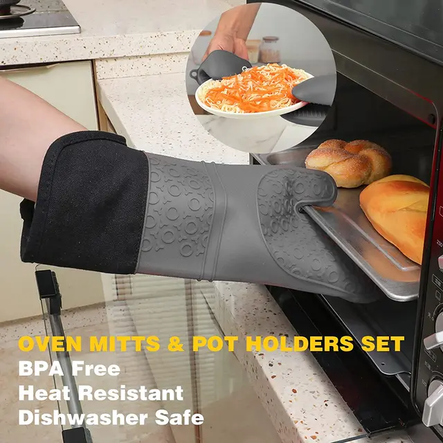 Gants De Cuisine + Maniques 2 Pièces - Résistants à 236°C, Lavables, Pratique Avec Lanière