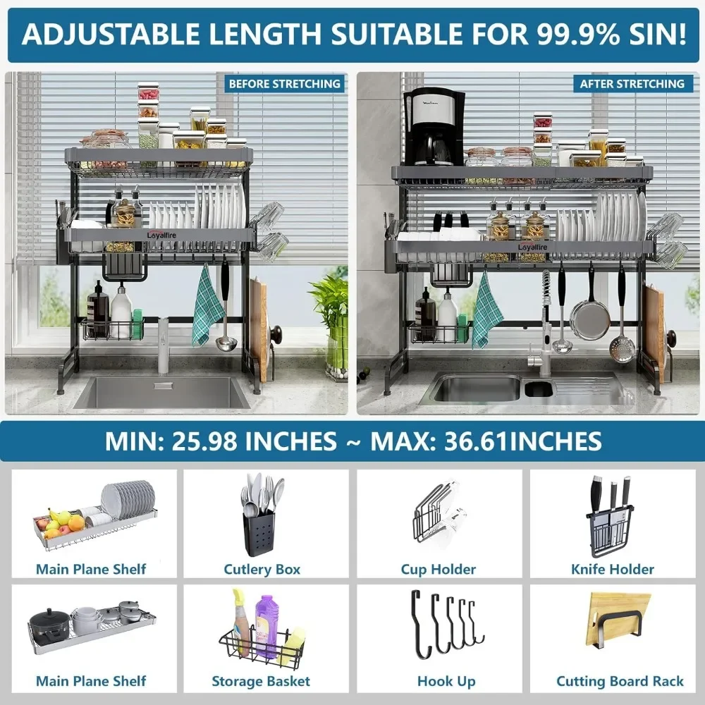Over Sink Dish Drying Rack, 3 Tier Adjustable Length (20.87'' to 37.6'') Stainless Steel Large Storage Kitchen Dish Rack 3