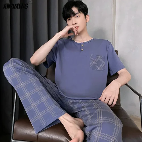 신제품 여름 코튼 남성 잠옷, 플러스 사이즈 4XL, 우아한 나이트 웨어, 짧은 소매 격자 무늬 바지 잠옷, 젊은 남성용 잠옷 세트 4