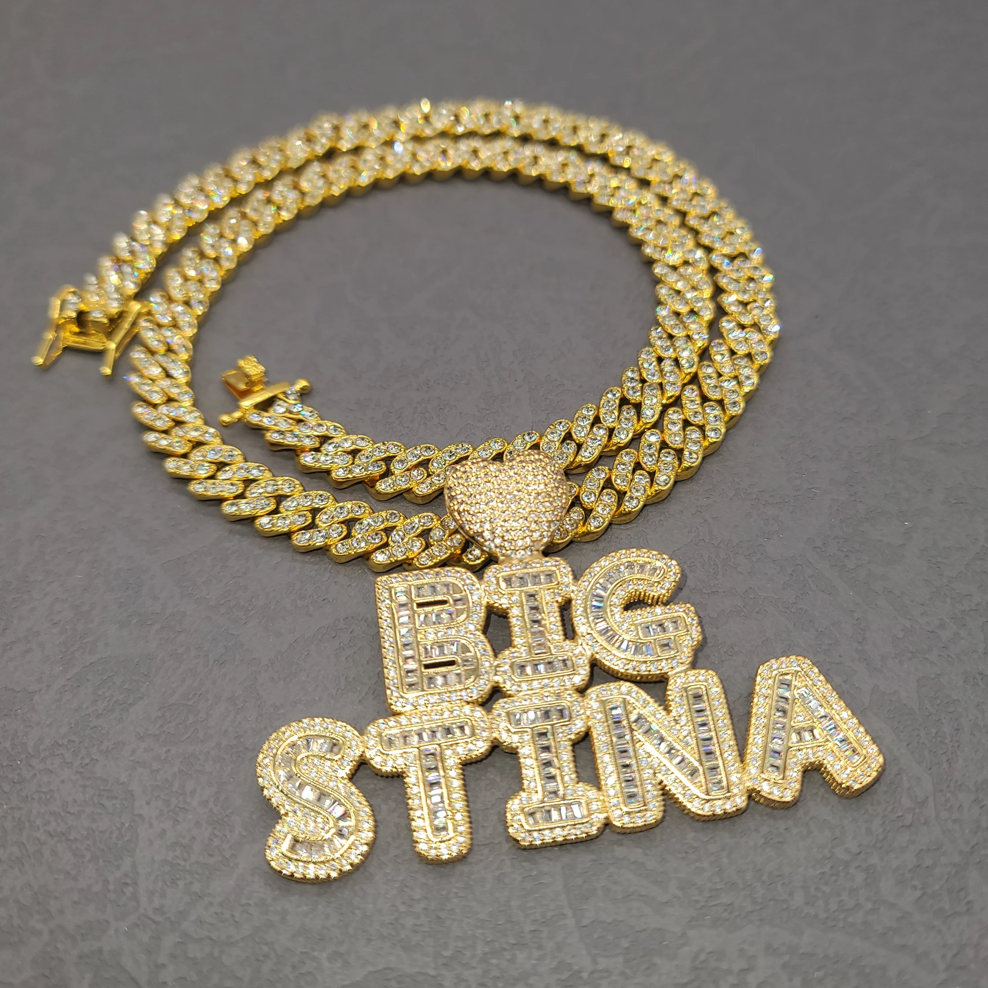 Personalized Stacked Words Pendant With Mini Cuban Chain Custom Heart Bail Letters Necklace Birthday Gift For Her Mother's Day