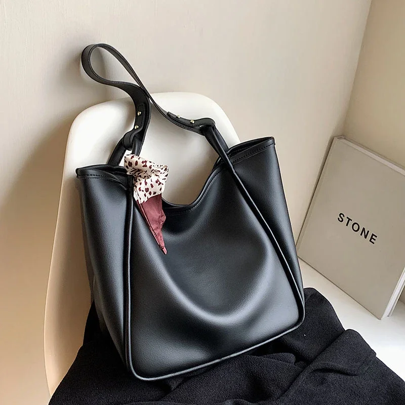 

Exquisite Women Tote Bag Luxury Designer Handbag Solid Color Scarf Decor Soft PU Leather Big Shopper Totes Bolso Grande Mujer