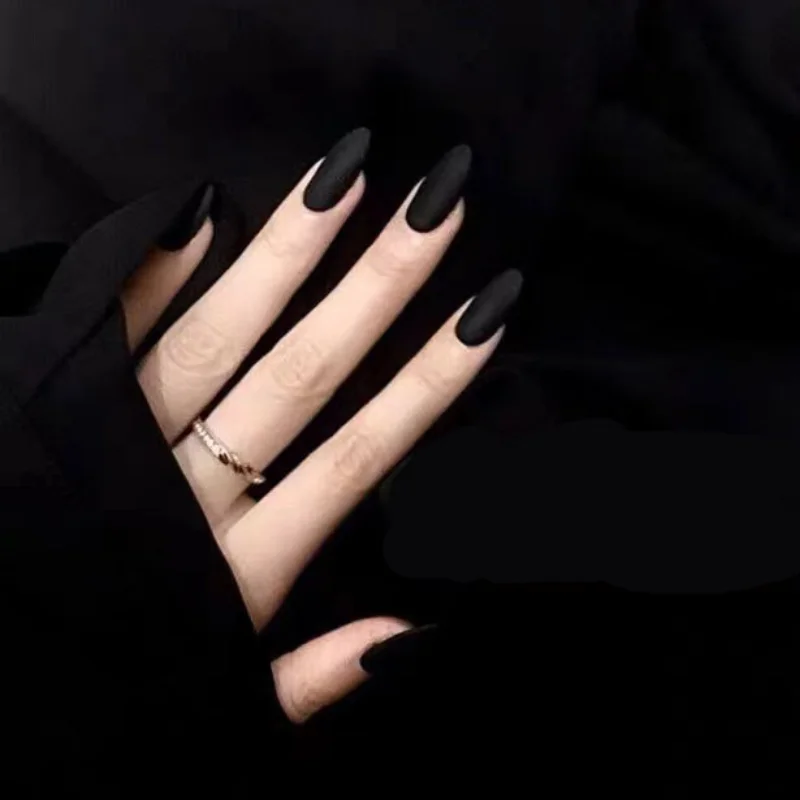 

Классические матовые черные Чистые накладные ногти ручной работы в форме миндаля многоразовые съемные ручные накладные ногти для женщин