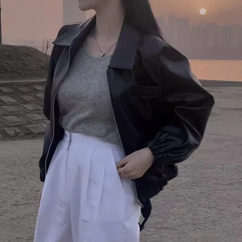 South Korea 2024 Autumn Niche Western Style Lapel Casual Versatile Solid Color Long Sleeved Short PU Leather Jacket for Women WF
