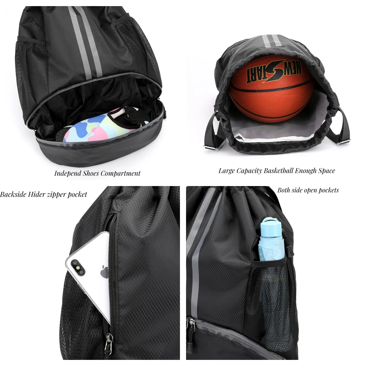 Outdoor Sports Bags for Men Women Sports Drawstring Backpack Large Capacity Gym Bag with Shoes Compartment and Wet Proof Pocket