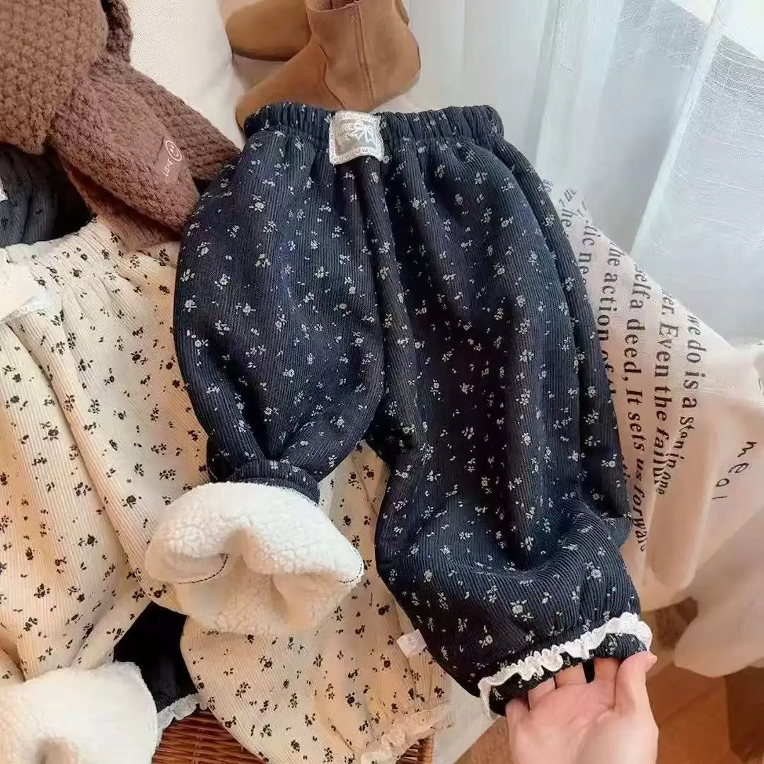 가을 겨울 어린이 두꺼운 플러시 바지 의류 패션 새로운 어린이 따뜻한 스포츠 바지 꽃 소녀 캐주얼 바지