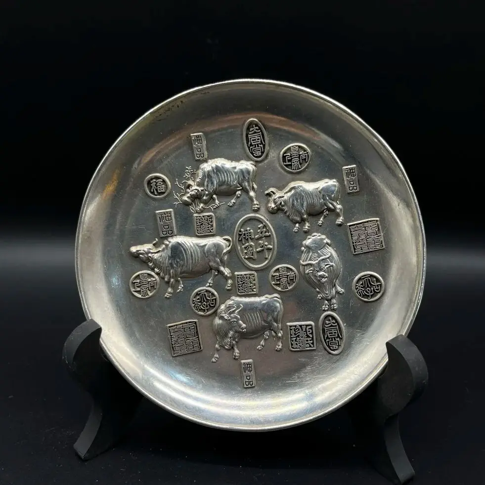 

Китайская разработка, тарелка с гравировкой из тибетского серебра, «пять крупных рогатого скота», металлические изделия, украшение для дома, бесплатная доставка, сборка