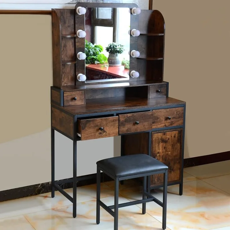 

Vanity Table with Lighted Mirror, Makeup Vanity Desk with 3 Makeup Drawer, 2 Shelves, 8 Led Makeup Light & Vanity Stool