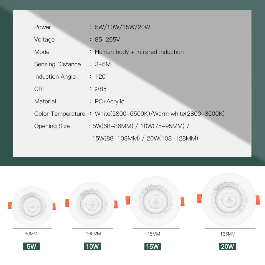 LED Downlight PIR Motion Sensor Spot LED Downlight Lamparas 5W 10W 15W 20W Smart Home LED Spot Light For Livingroom Bedroom Hallway Stairs LED Spotlight