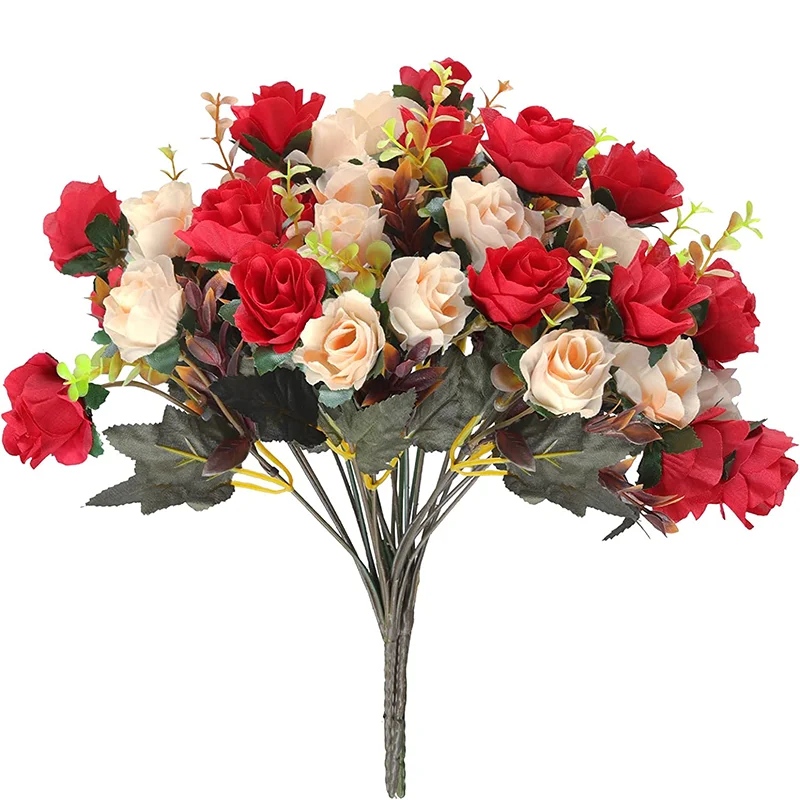 12HeadsRoseArtificialFlowersFakeTwocolorFlowerswithStemsFaux
