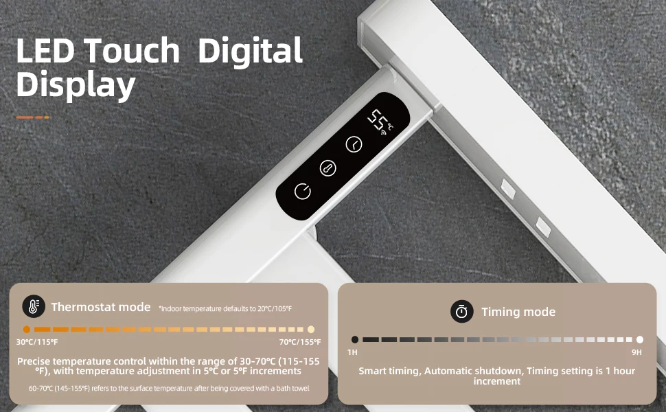 Description Picture 6 of itemSIOYIE Heated towel rack Electric towel rack with Timer Towel warmers with storage rack for bathrooms Wall-Mounted Black G50