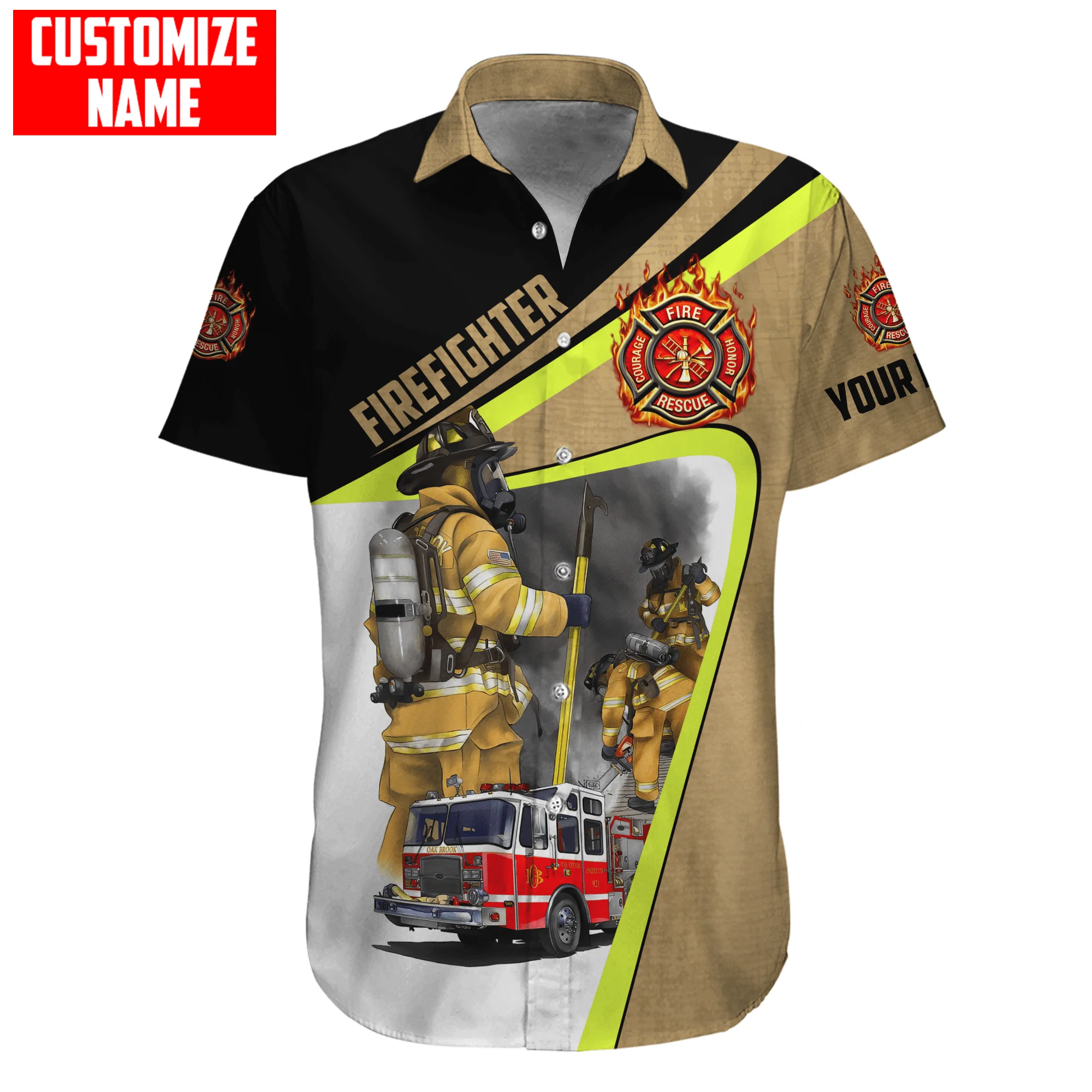 Hawaiian beach summer Short sleeve shirt Customize Name Brave Firefighter 3D Printed Mens Shirt Casual Harajuku Tee shirts DXC01