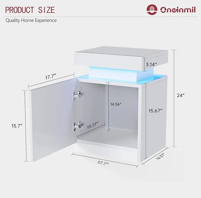 Nightstand Set of 2, LED Nightstand with One Cabinet, Bedside Table with LED Lights, Modern End Side Table for Bedroom, White