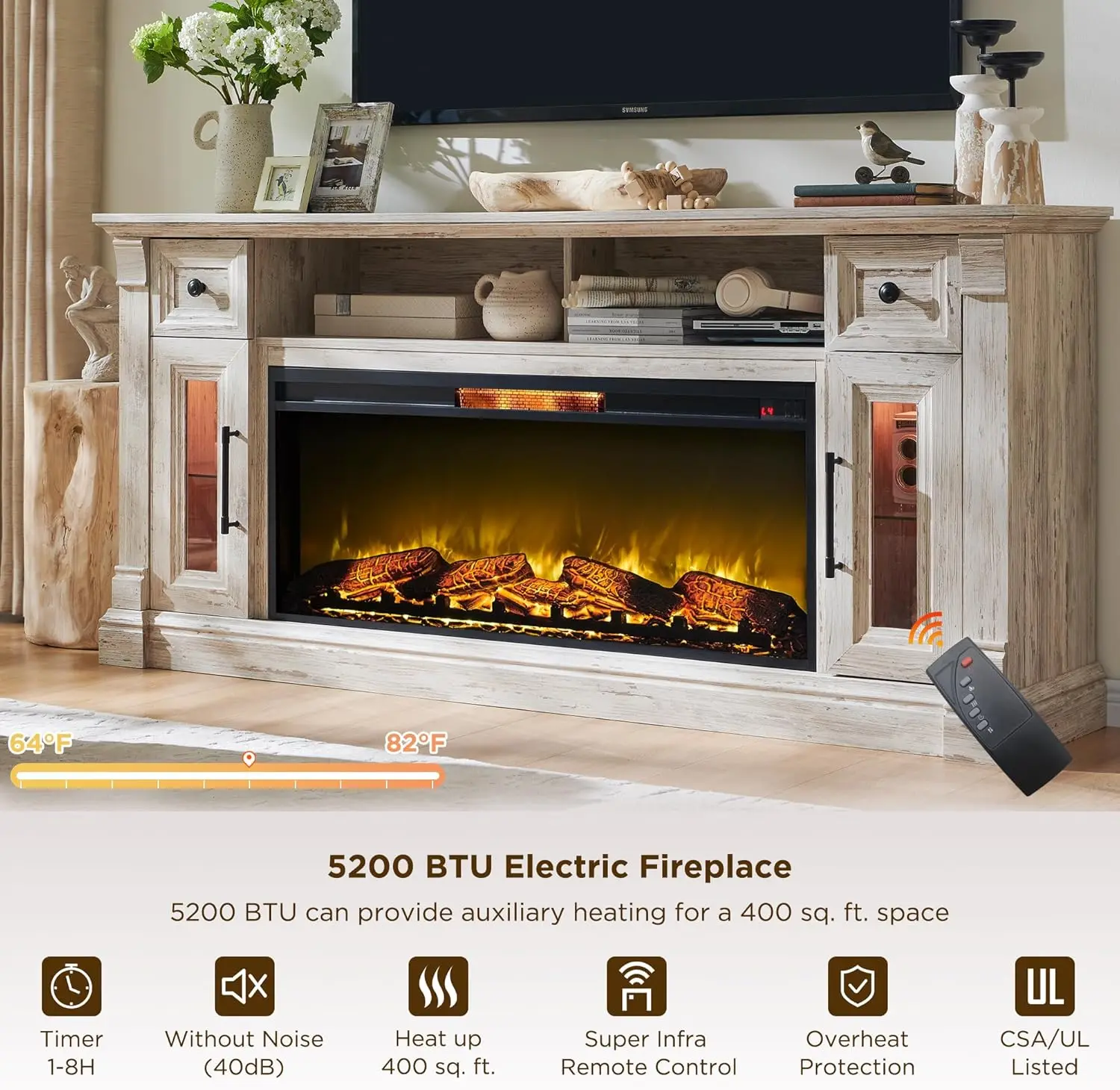 Fireplace TV Stand - Farmhouse Entertainment Center with 42" Electric & LED Lights, Wood Media Console , Antique Brush White 5