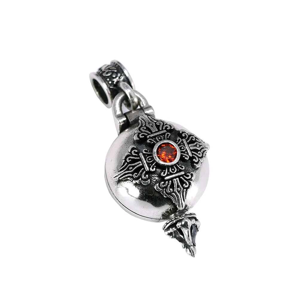 Real 925 Sterling Silver Buddha Pendant Openable Six Words Carving Inlaid Red Zircon Vintage Antique Style Buddhist Jewelry pendant necklace,silver pendant