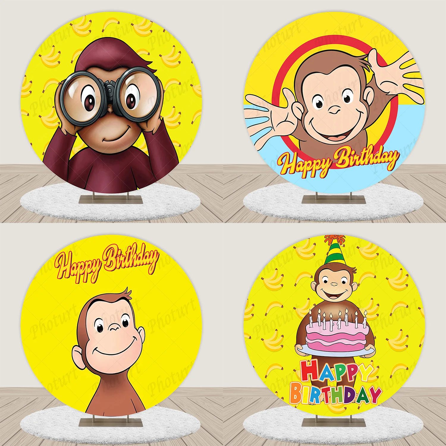 Rotondo George scimmia sfondo bambini festa di compleanno sfondo giallo  Banana torta cerchio Banner fotografia studio puntelli