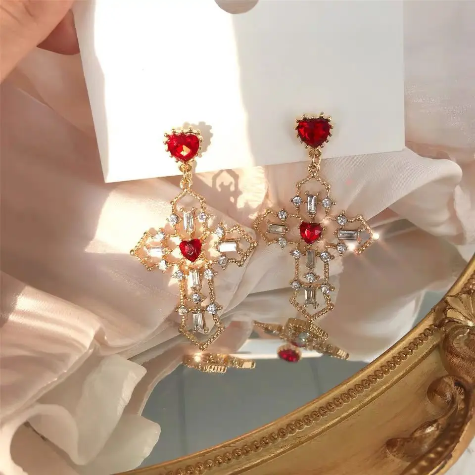 Vintage Red Heart Crystal Earrings for Women Cross Pendant Rhinestone Dangle Earring Jewelry Party Anniversary Gift Pendientes