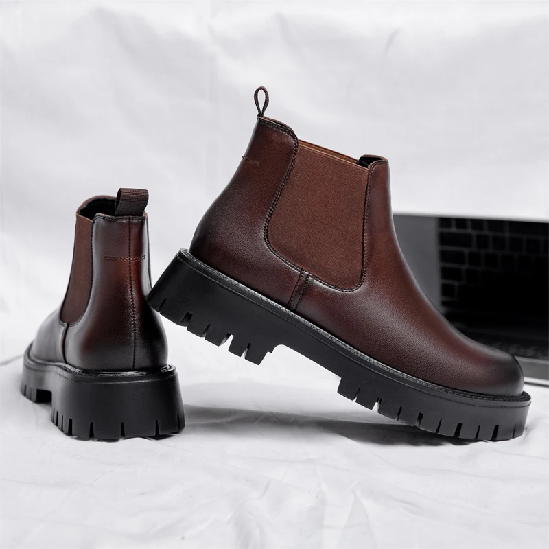 Men Chelsea Boots Platform Short British Style Microfiber Leather Autumn Winter