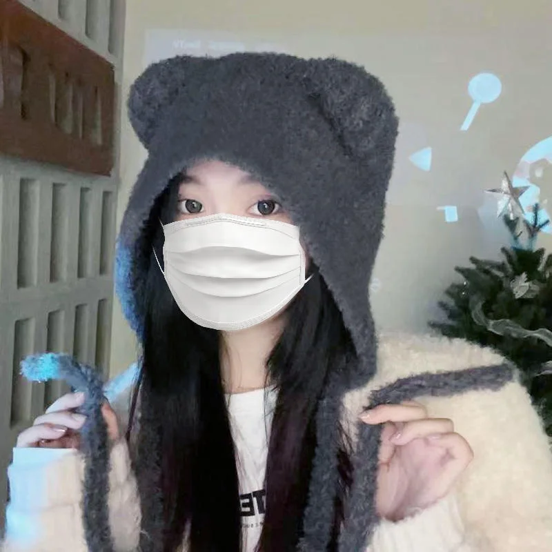 1PC Bear Wool Knitted Earflap Fur Winter Hat