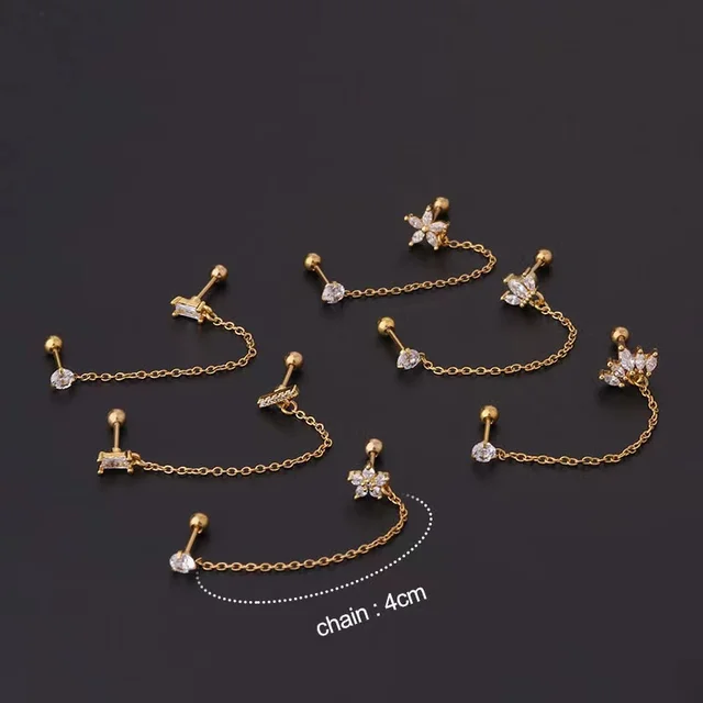 Boucles d'oreilles tendance en acier inoxydable pour femmes, 1 pièce, chaîne à Double perçage, fleur coréenne, Zircon, clous de perçage, bijoux à la mode