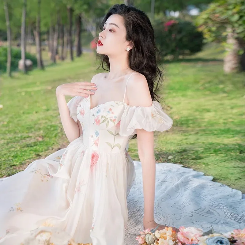 

Retro Summer Fashion Women's High Waist Backless Beige Flower Fluffy Sleeves Elegant Folded Hanging Strap Long Dress