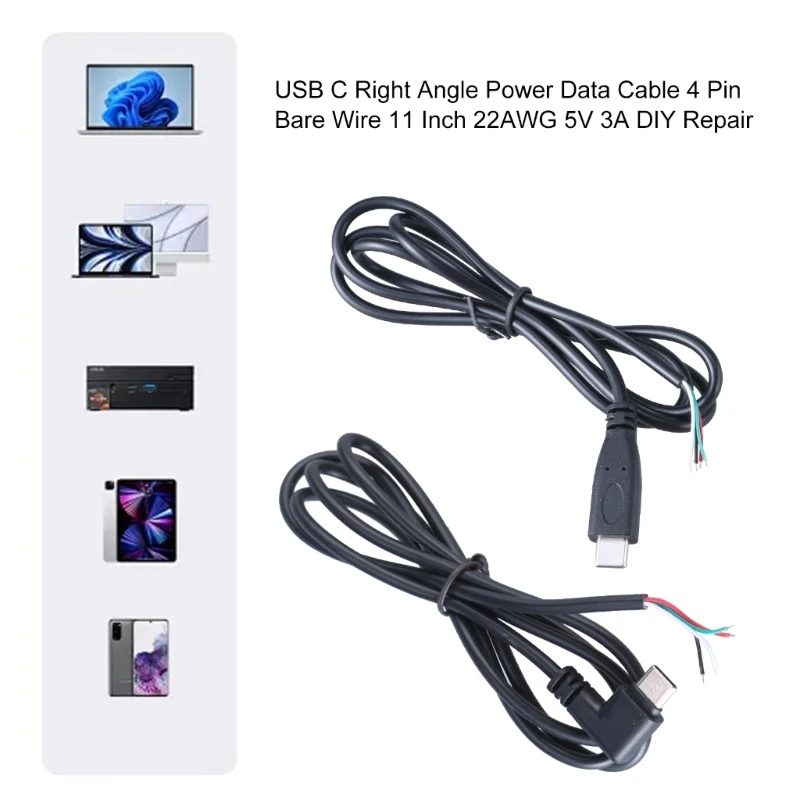 Right-Angle USB-C to Bare Wire Power Cord Extension Cable