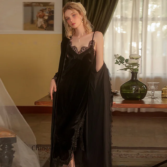 Ensemble de vêtements de détente en velours pour femmes, robe de peignoir en dentelle, robe longue, chemise de nuit sexy, vêtements de nuit éducatifs, automne et hiver