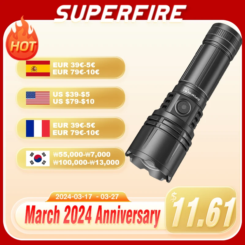 

Фонарик SUPERFIRE Y20 SH-S31 1180Lm для повседневного использования, USB-C, аккумуляторный фонарь для кемпинга, фонарь для экстренных ситуаций, 760 м