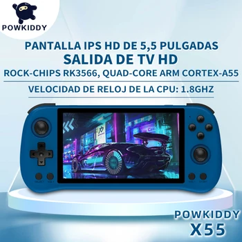 POWKIDDY 휴대용 게임 콘솔 젤로스 시스템, 오픈 소스 레트로 콘솔, 5.5 인치, 1280*720 IPS 스크린, RK3566, X55