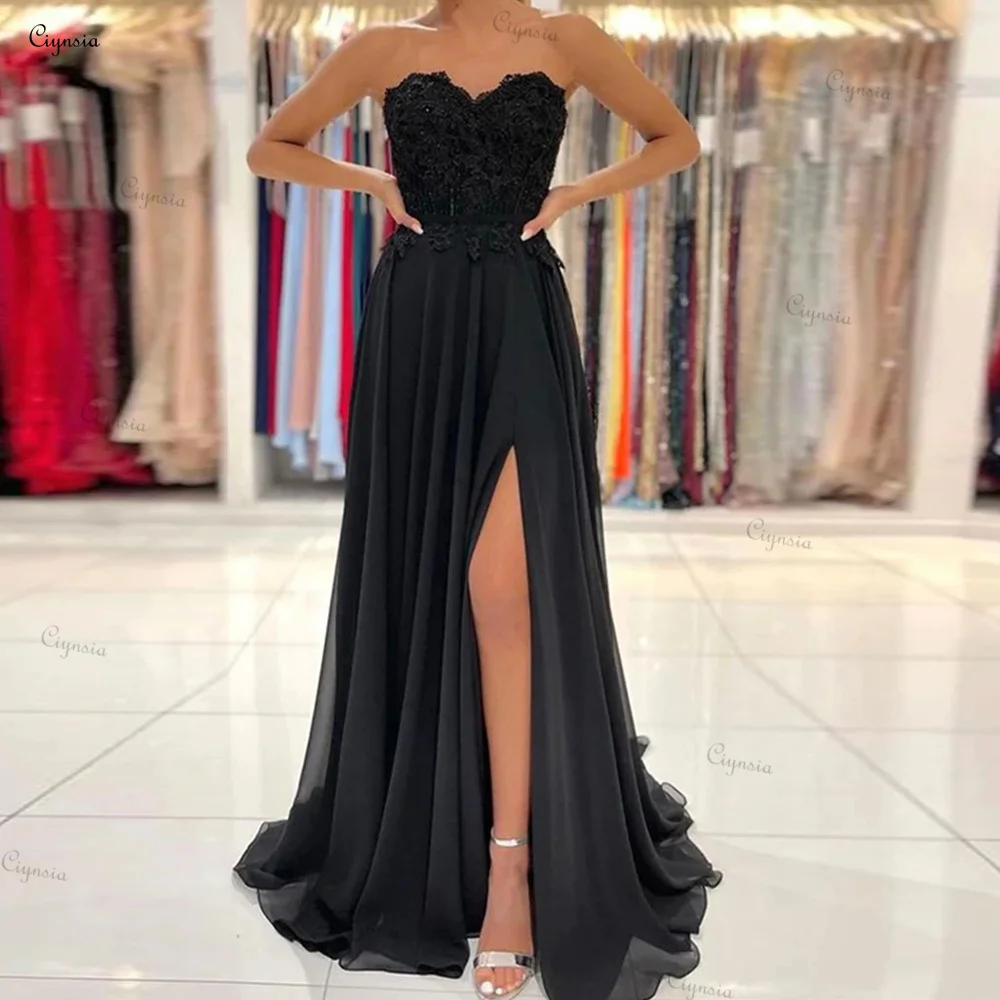 Ciynsia Sweetheart Black Lace Prom Dresses Long Appliques A-Line Formal Party Dress Chiffon  Slit Evening Gowns