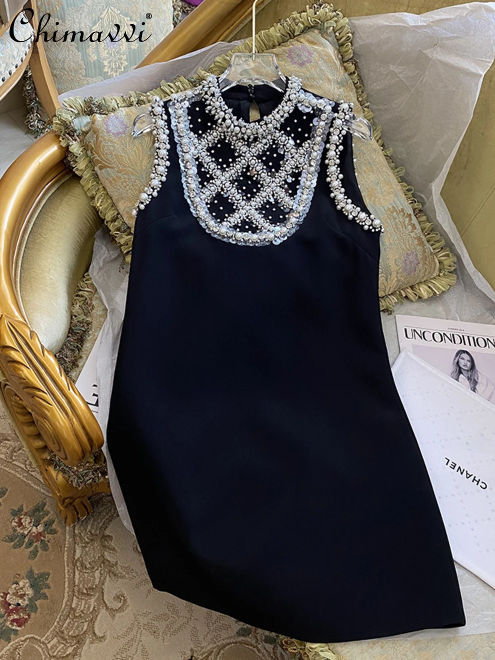 

Autumn New Women's Black Dress Heavy Rhinestone Embroidered Light Luxury Loose Waist Sleeveless Dress Temperament Feminine Dress