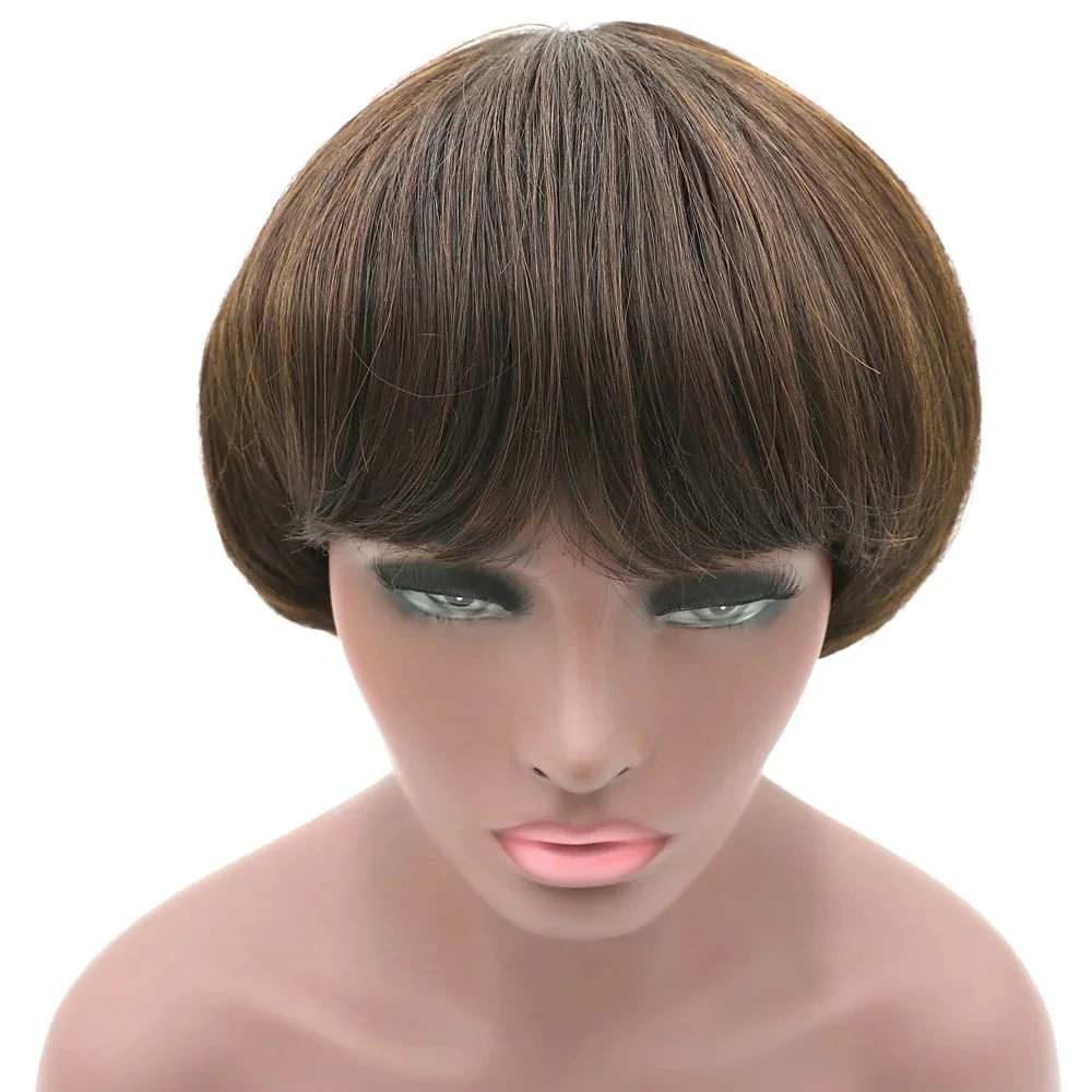Short Mushroom Bob Wig with Bangs-Brown Synthetic Hair Wig for Women, Heat-Resistant Daily Wear