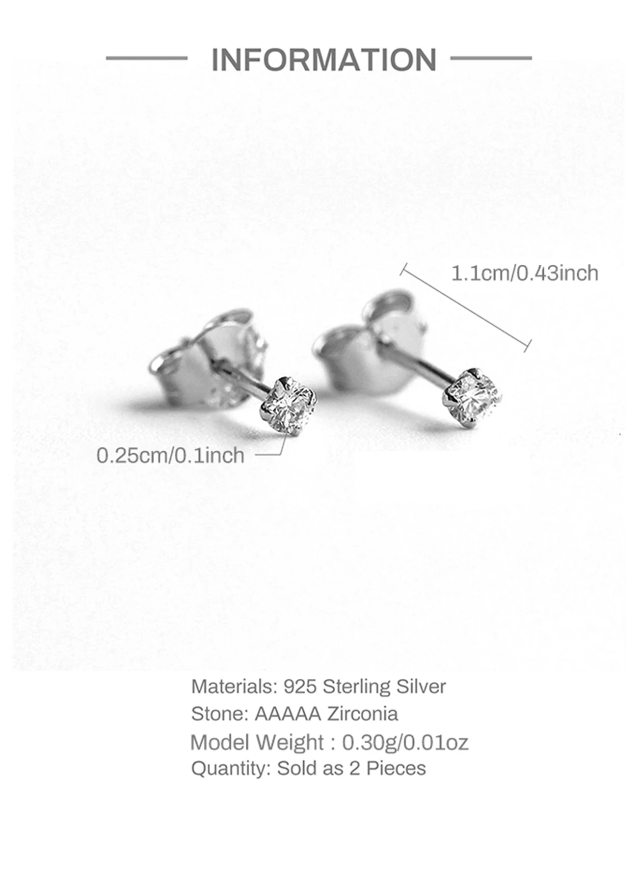 BOAKO S925 Sterling Silver Four Claw Zircon Earring 2.5/3
