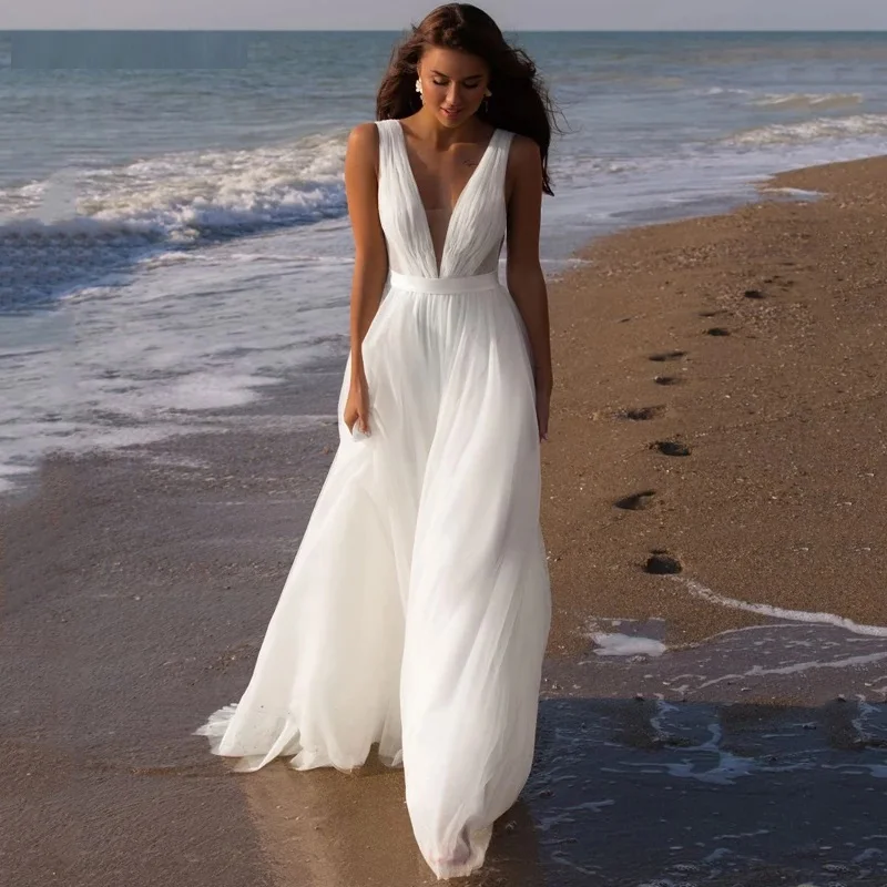 

Bohemian Deep V-Neck Tulle Wedding Dress Sleeveless Open Back Beach Bridal Gown Sexy A-Line Floor Length Civil Vestidos De Novia