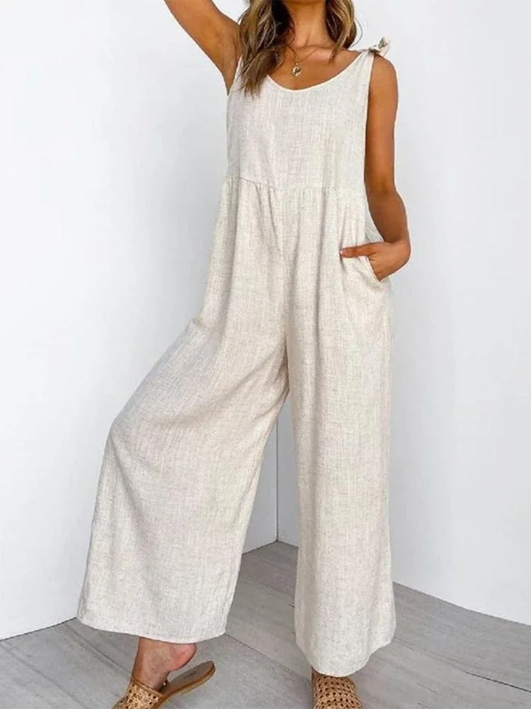 

Solid Bow Tie Shoulder Jumpsuit Women Cotton Linen Overalls Leisure Sleeveless Long Jump Suits Pocket Loose Overall Monos Mujer