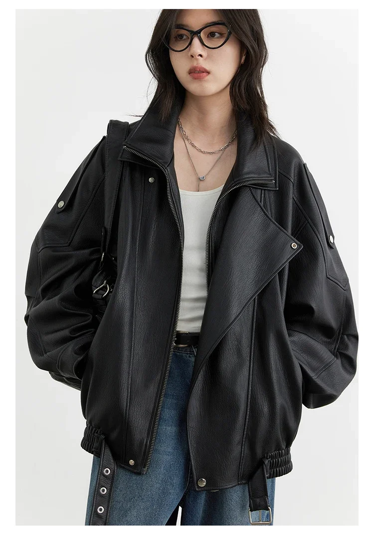 CHIC VEN Women PU Jacket New Loose Retro Motorcycle Faux Leather Quilted Coat Female Overcoat Thick Warm 2025 Spring Autumn Top