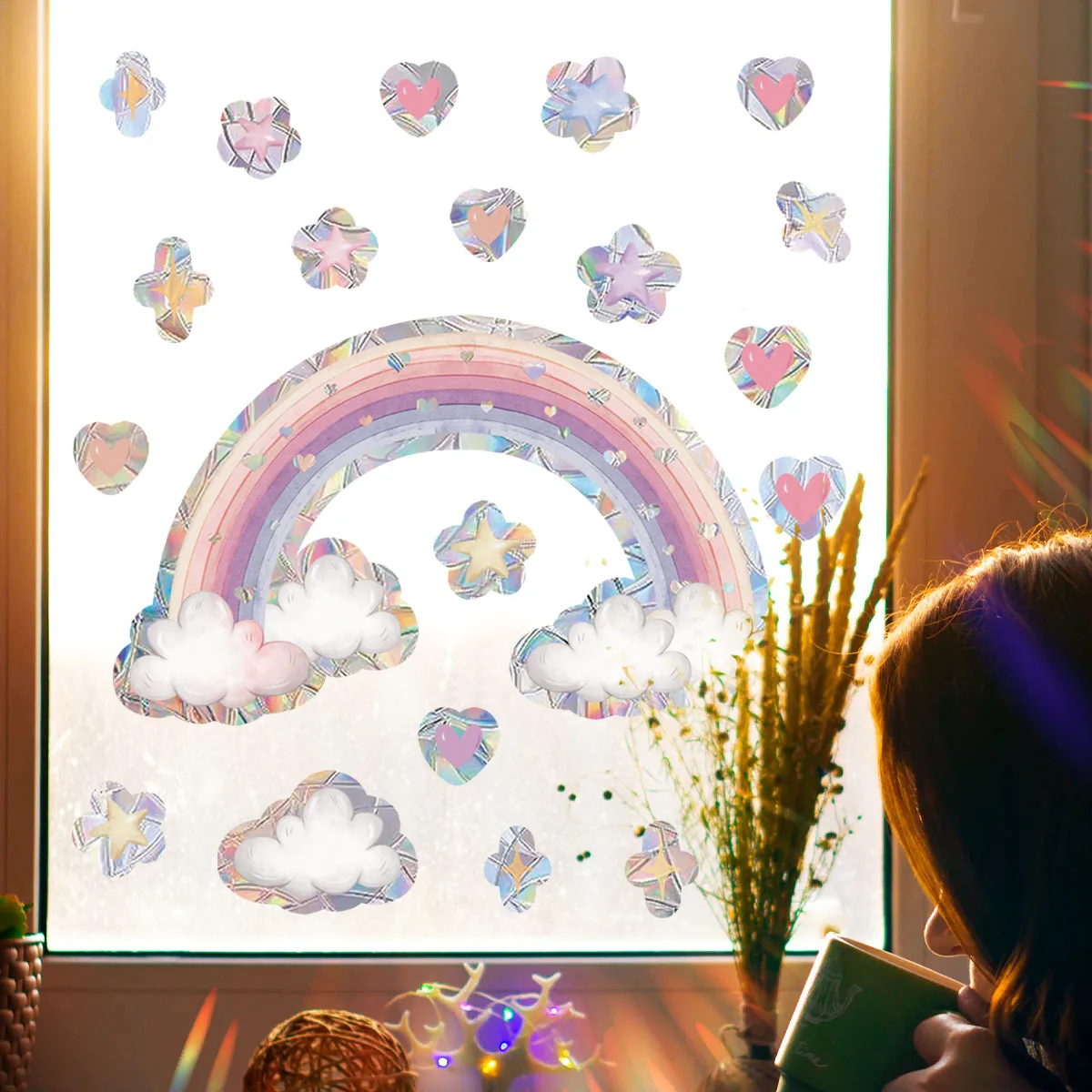 Pink Rainbow Cloud & Heart Window Cling - Sun-Activated Iridescent Static Decal with Stars, Double-Sided View Glass Films