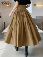 Celmia High Waist Swing Long Skirt Women Fashion Pleated Zipper Party Jupe Casual Loose A-line Skirt 2025 Vintage Beach Skirt
