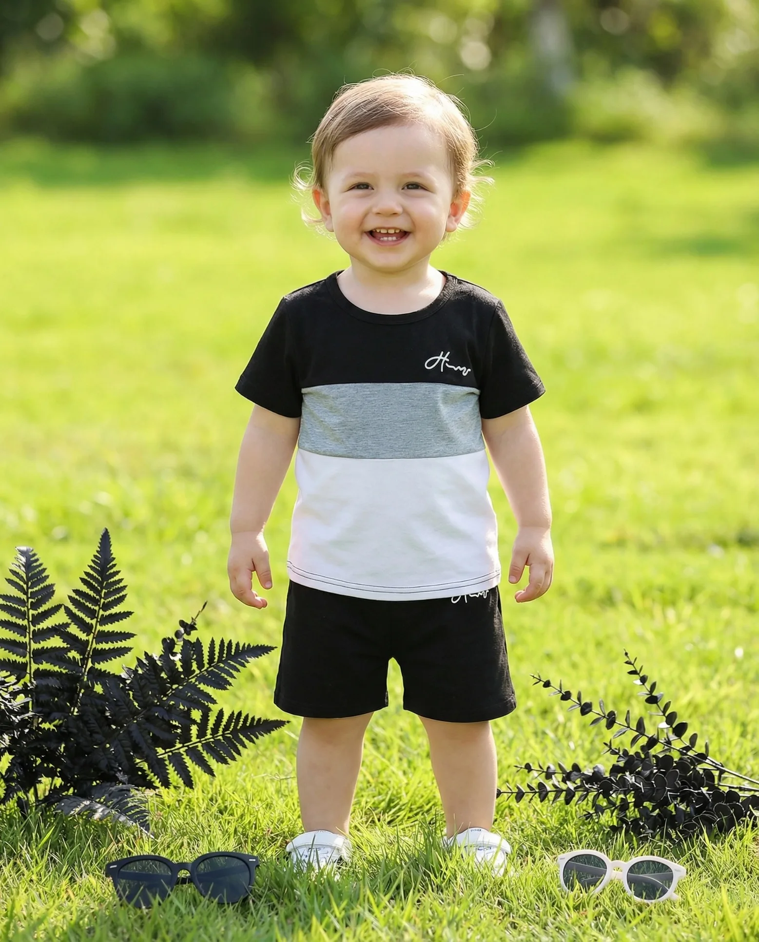 Sommer-Babykleidungsset für Jungen, Farbblock-Print, kurzärmliges T-Shirt und Shorts mit elastischem Bund, 2-teilig, lässige Spielkleidung für Kleinkinder – Detail 3