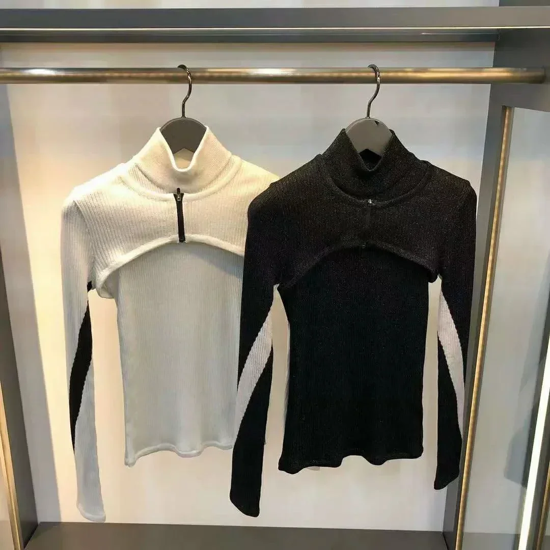 

New Golf Women's Standing Neck Two piece Knitted Contrast Color Long sleeved Zipper Detachable Shawl Long sleeved Jersey