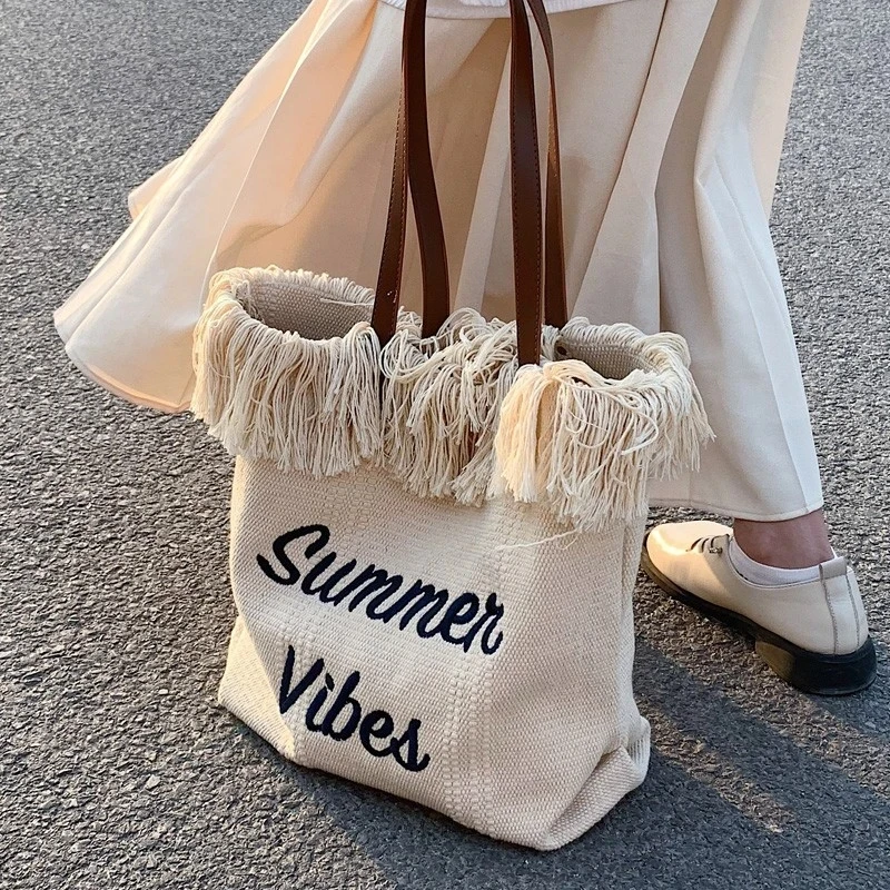 Fashion Canvas Tote Bag with Tassel Summer Vibes Handbags Large Capacity Beach Bag Casual Simple Shopping Shoulder Bag